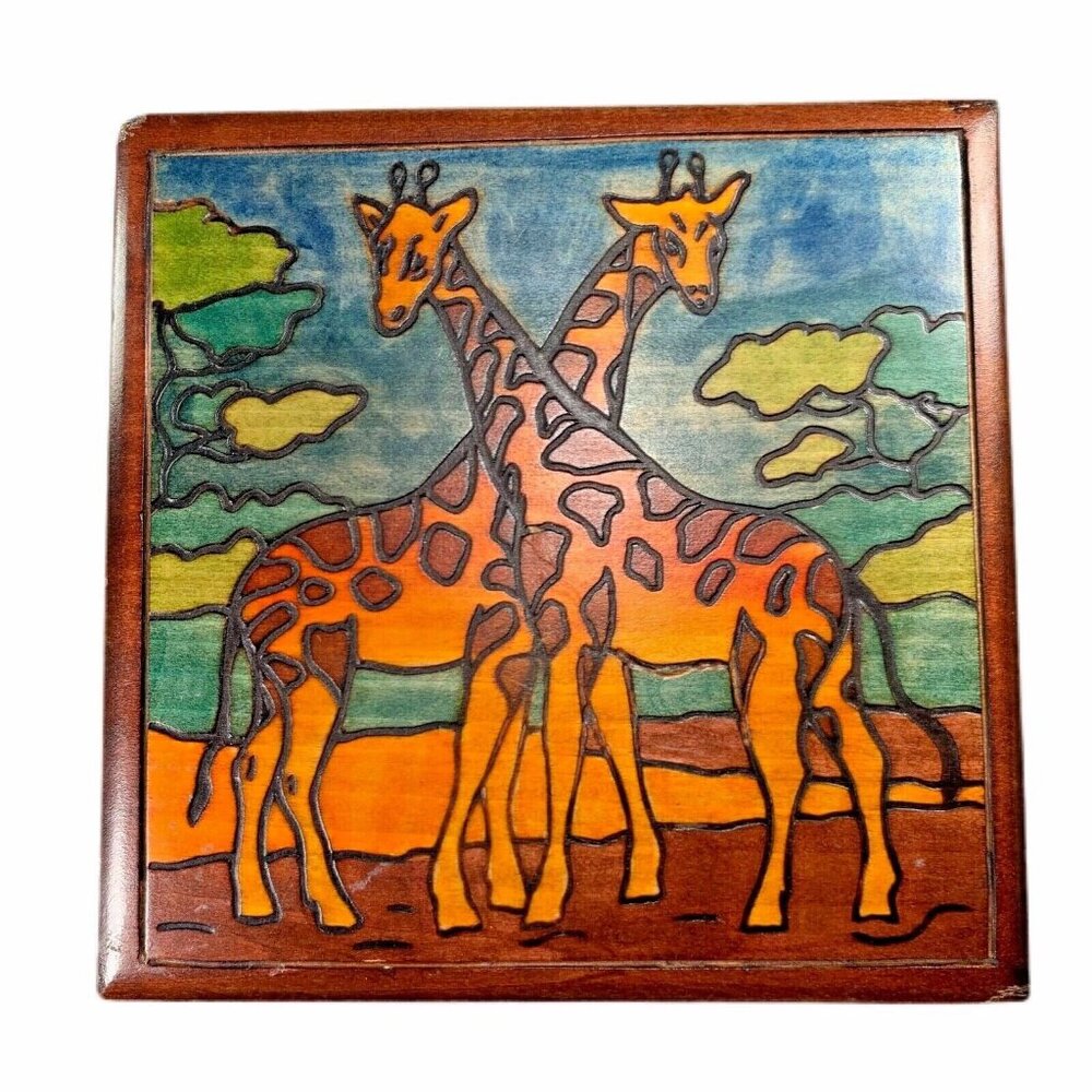 Giraffe Hinged Box Polish Handmade Linden Wood Keepsake Poland 6"x6" READ